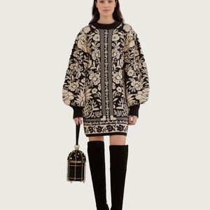 FARM Rio Black and Cream Floral Knit Long Sleeve Sweater Dress